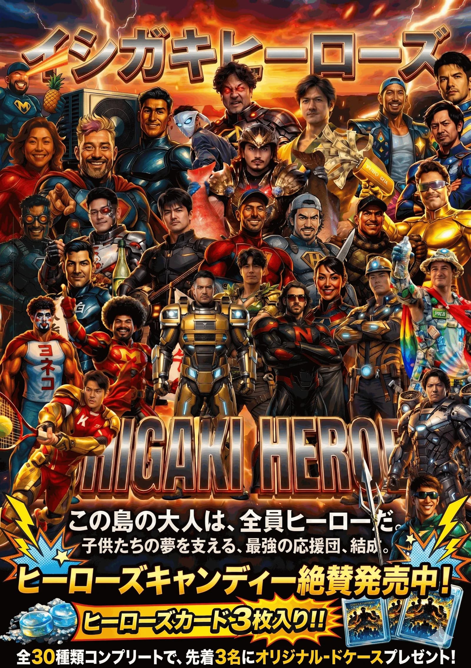 イシガキヒーローズ集合ポスター。この島の大人は、全員ヒーローだ。